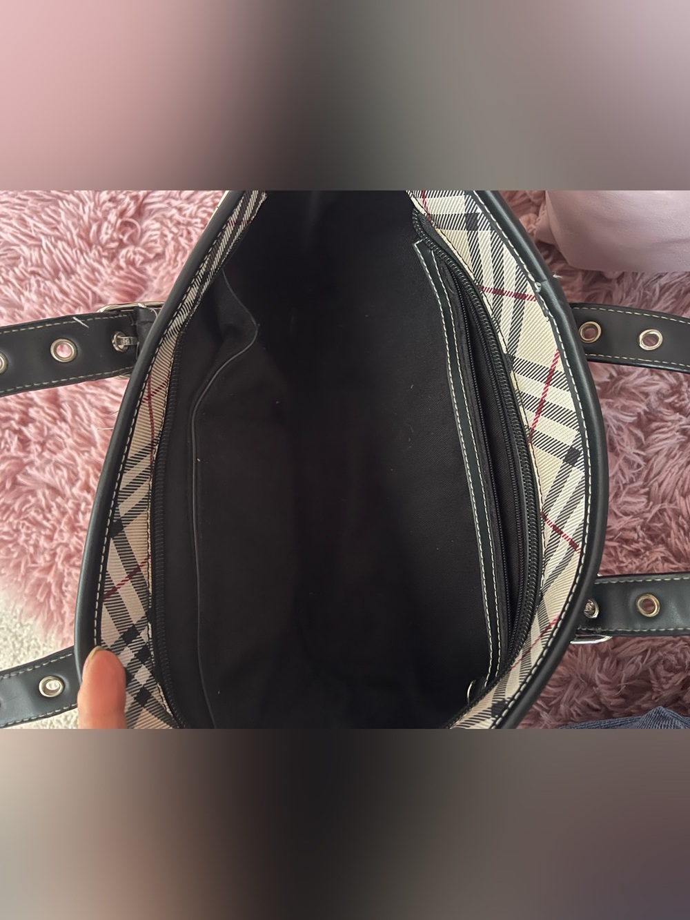 Beige Plaid Tote Bag with Black Trim - Picture 5 of 7